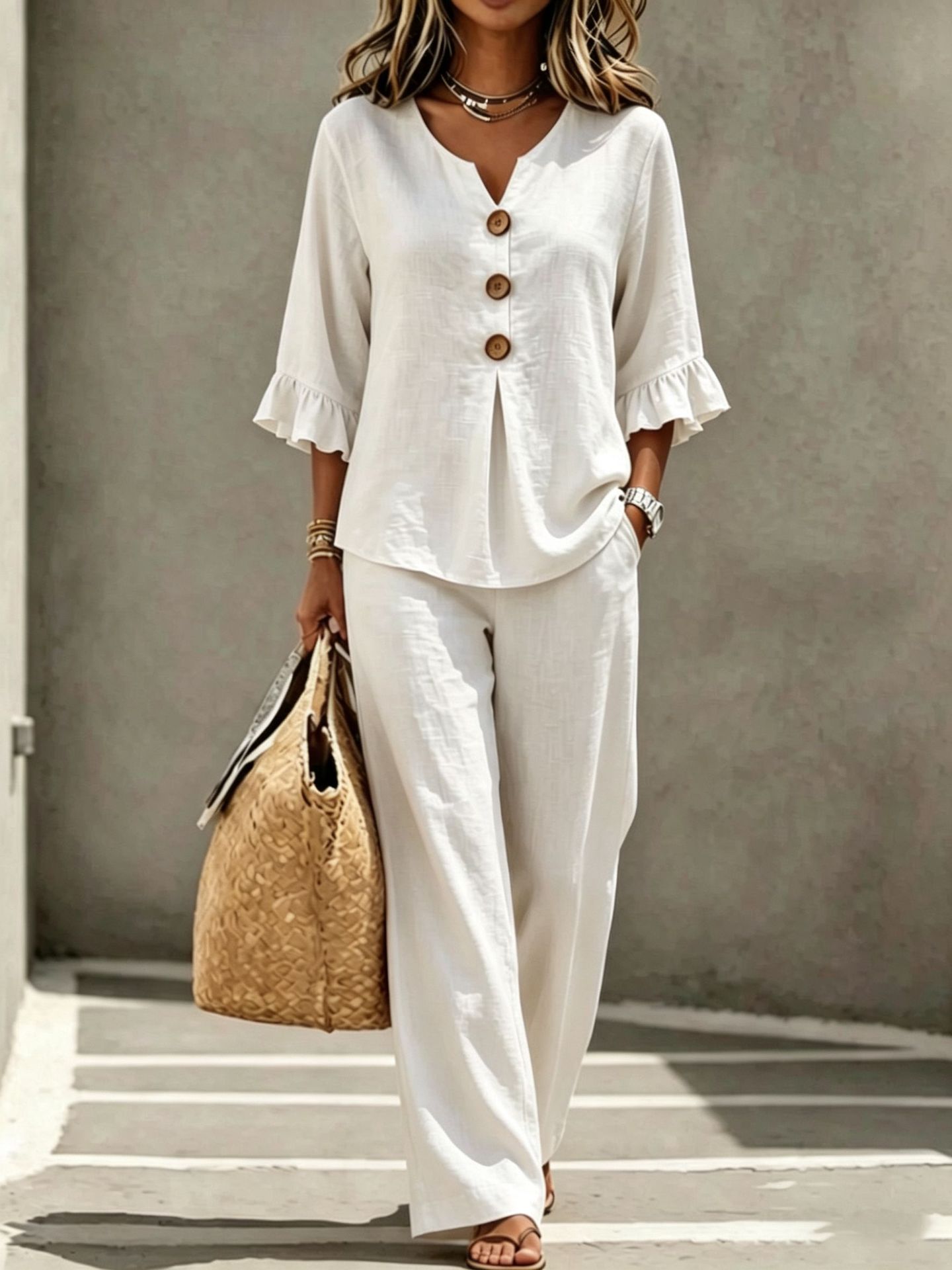 Women's two-piece set – white colorway styled for resort vacation