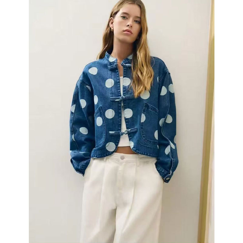 New Chinese-style Polka Dot Denim Jacket For Women, Stand-up Collar, Buttoned, Short Jacket, Vintage Loose Long-sleeve Denim Top For Spring And Autumn product image
