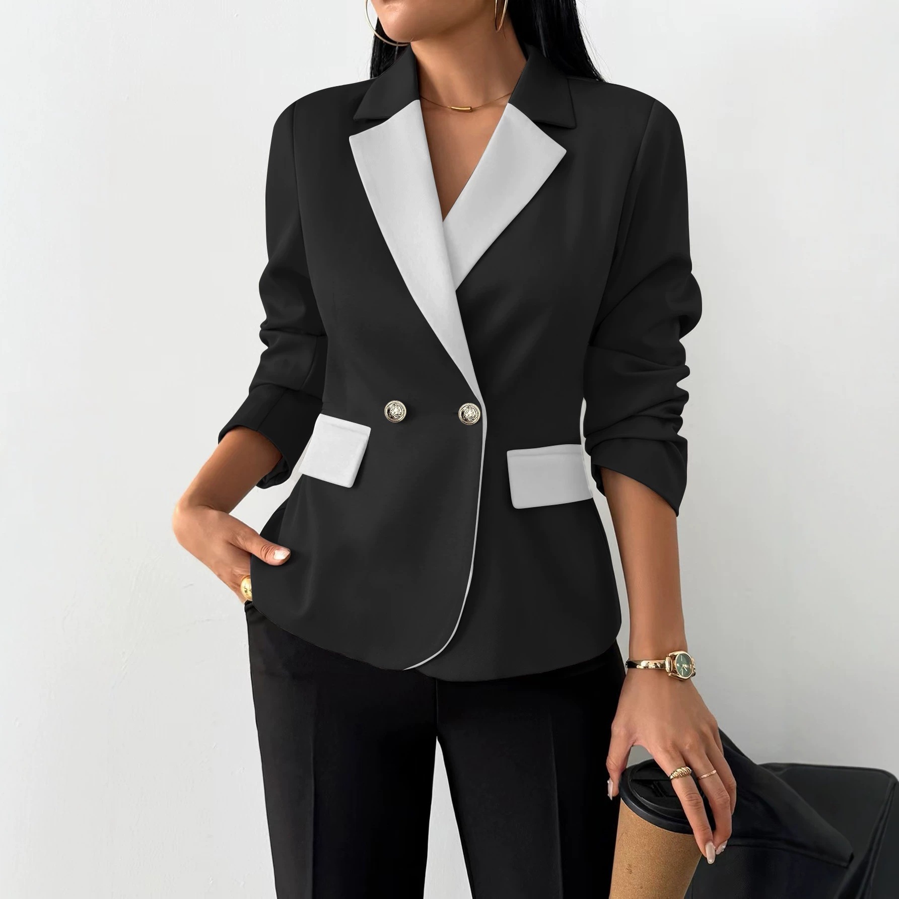 Contrast Color Long-sleeve Lapel Jacket with Two Horizontal Buttons