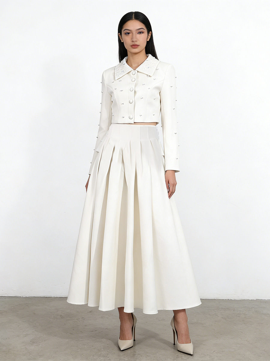 Pearl Embellished Cropped Jacket & Pleated Midi Skirt Two-Piece Set product image