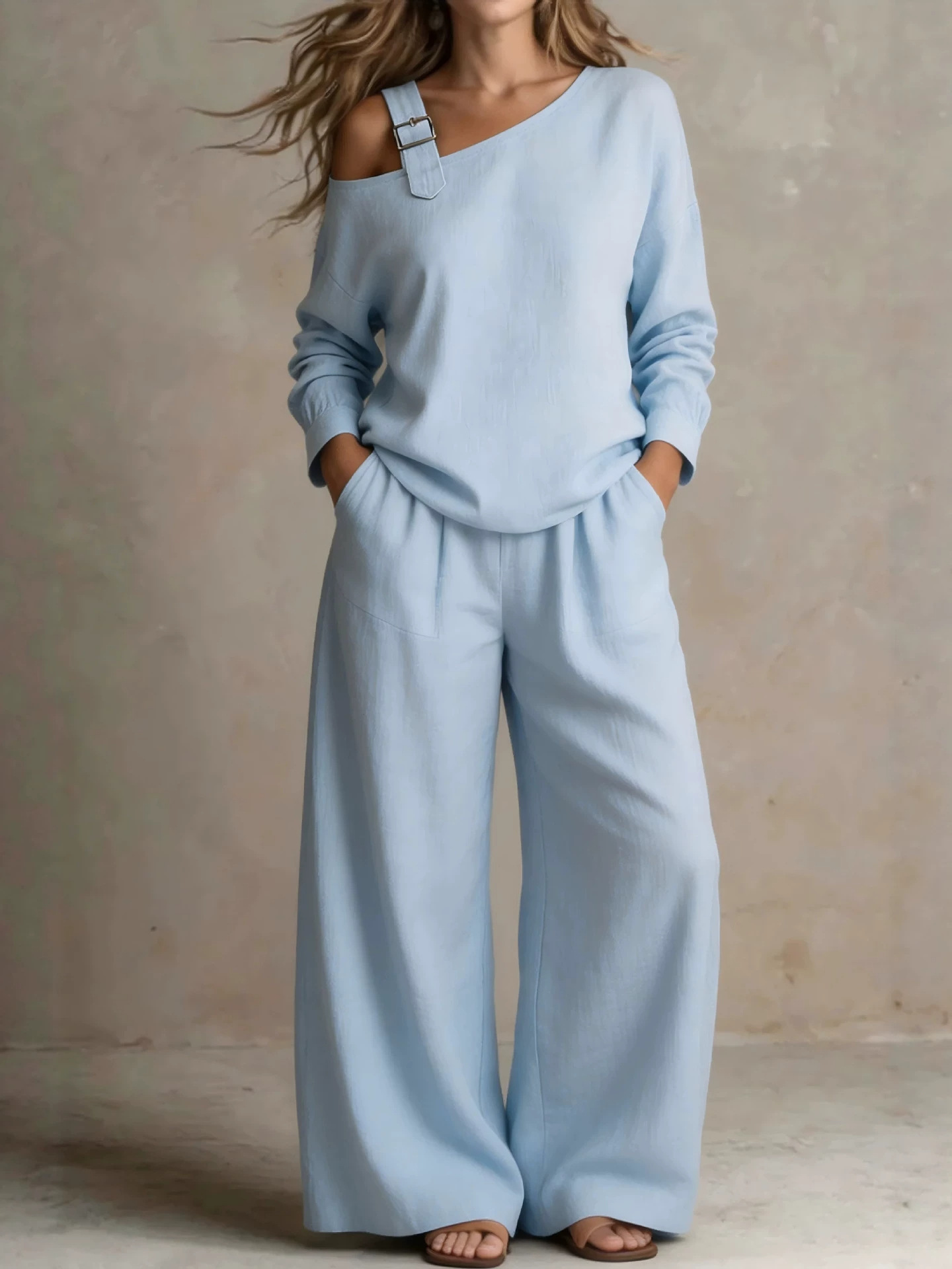 2026 Site Hot-Selling Women's Casual Loose Fashion One-Shoulder Linen Blend Two-Piece Set