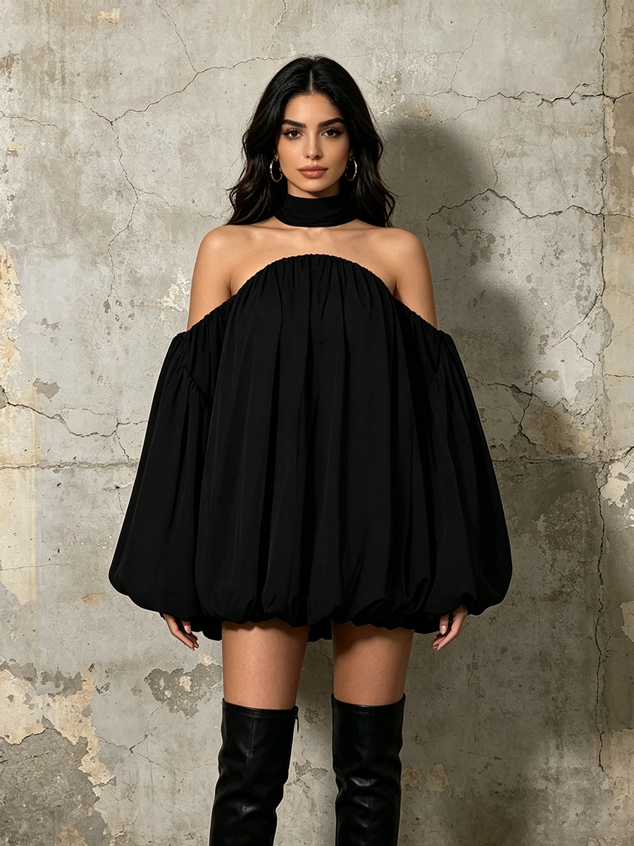 High Neck Cold Shoulder Balloon Bubble Hem Mini Dress