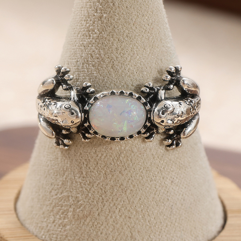 Vintage Frog Iridescent Stone Ring Silver Tone Brass Women Animal Statement Party Fashion Jewelry Artistic 5