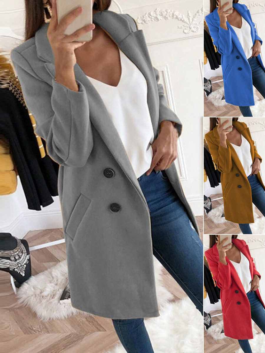 Amazon Women's European And American  Autumn And Winter Hot Selling Solid Color Woolen Jacket Fashion Suit Collar Slim Women's Windbreaker