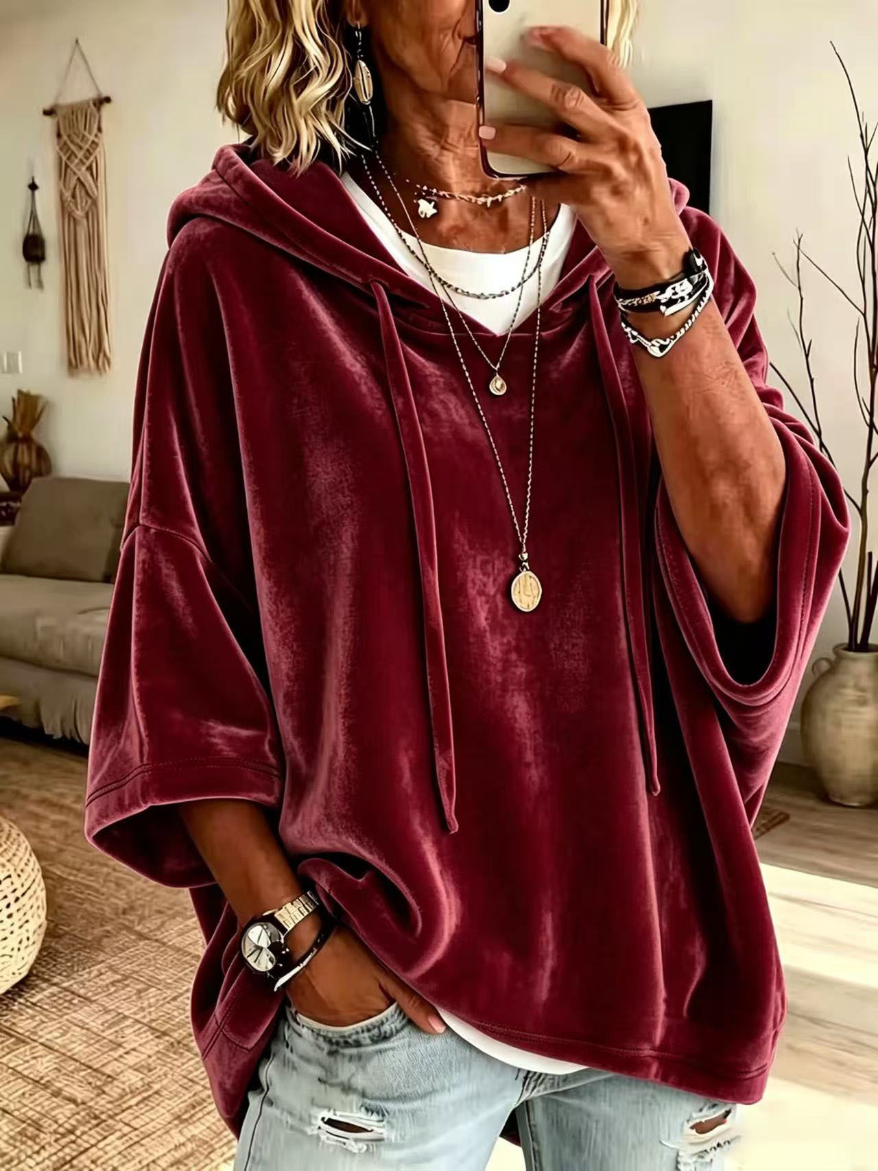 New European And American Amazon Cross-Border Autumn Winter Women's Solid Color Casual Gold Velvet Hooded Sweatshirt Top