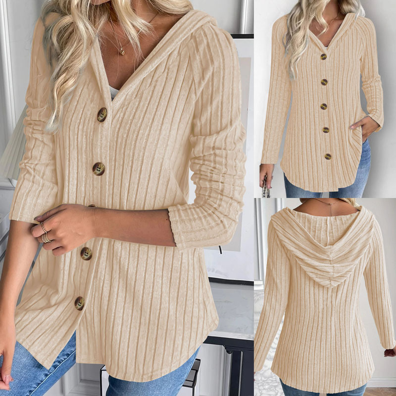 Women Ribbed Knit Hooded Top Long Sleeve