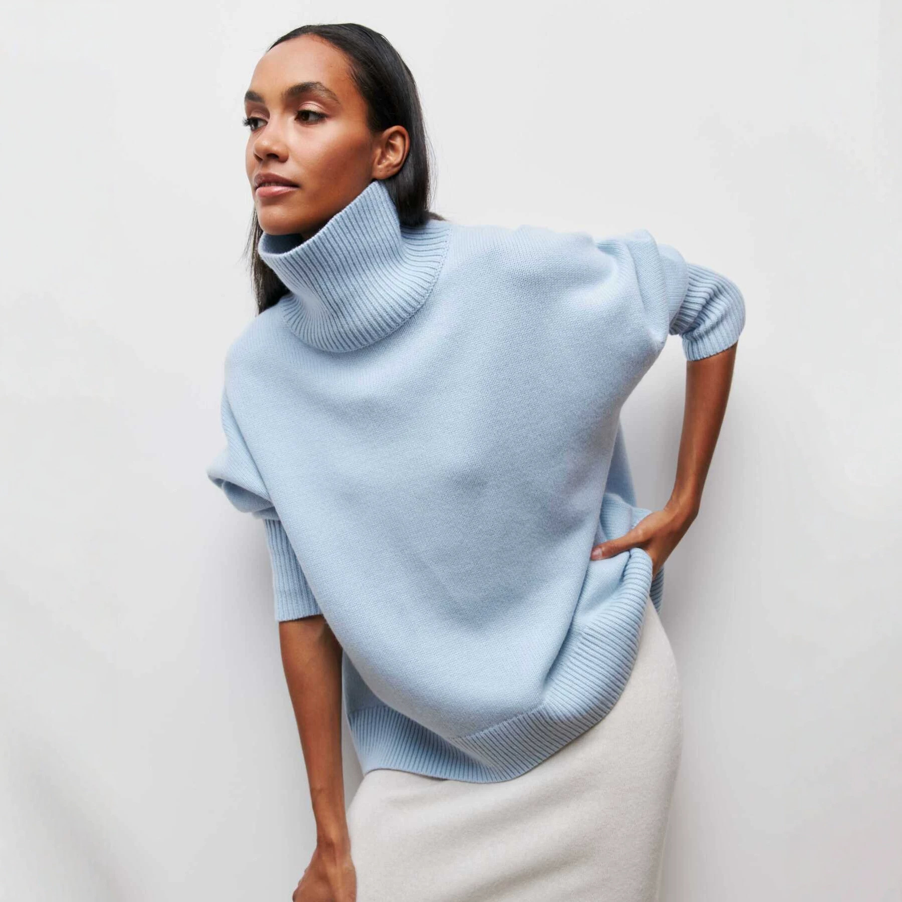 Women's Oversized Turtleneck Sweater, Solid Color Long Sleeve Loose Knit Pullover, Casual Fall Winter Basic Knit Top For Ladies