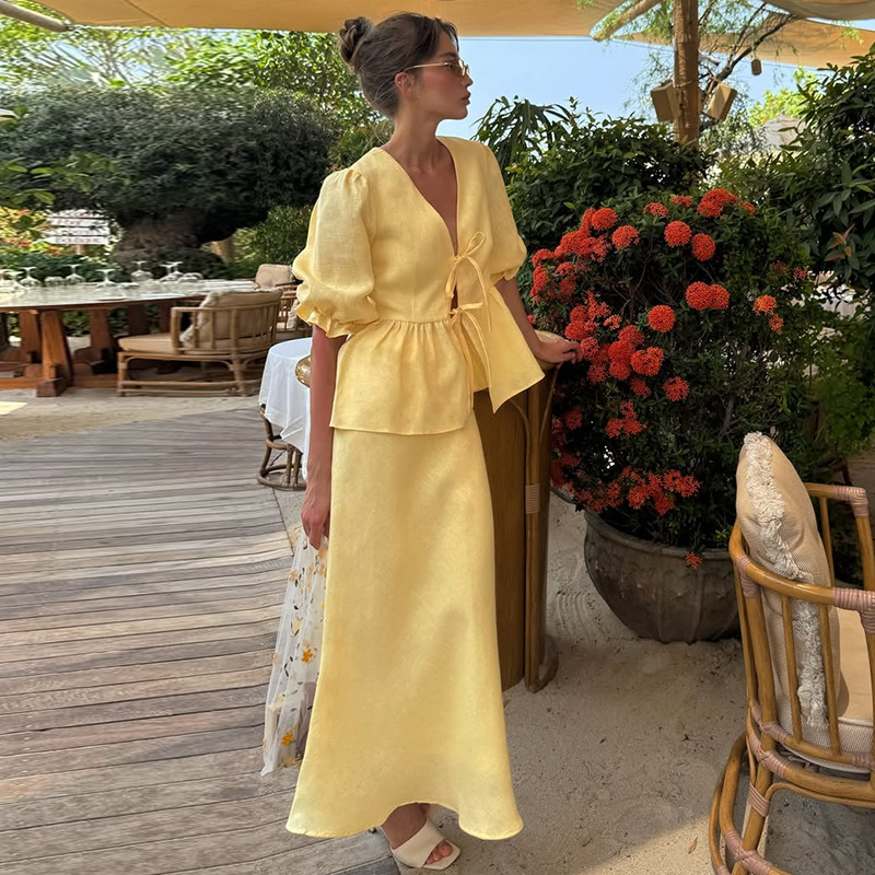 European And American Cross-Border Women's Clothing 2025 Summer New Fashion Puff Sleeve V-Neck Tie-Up Top High-Waisted Skirt Set 6