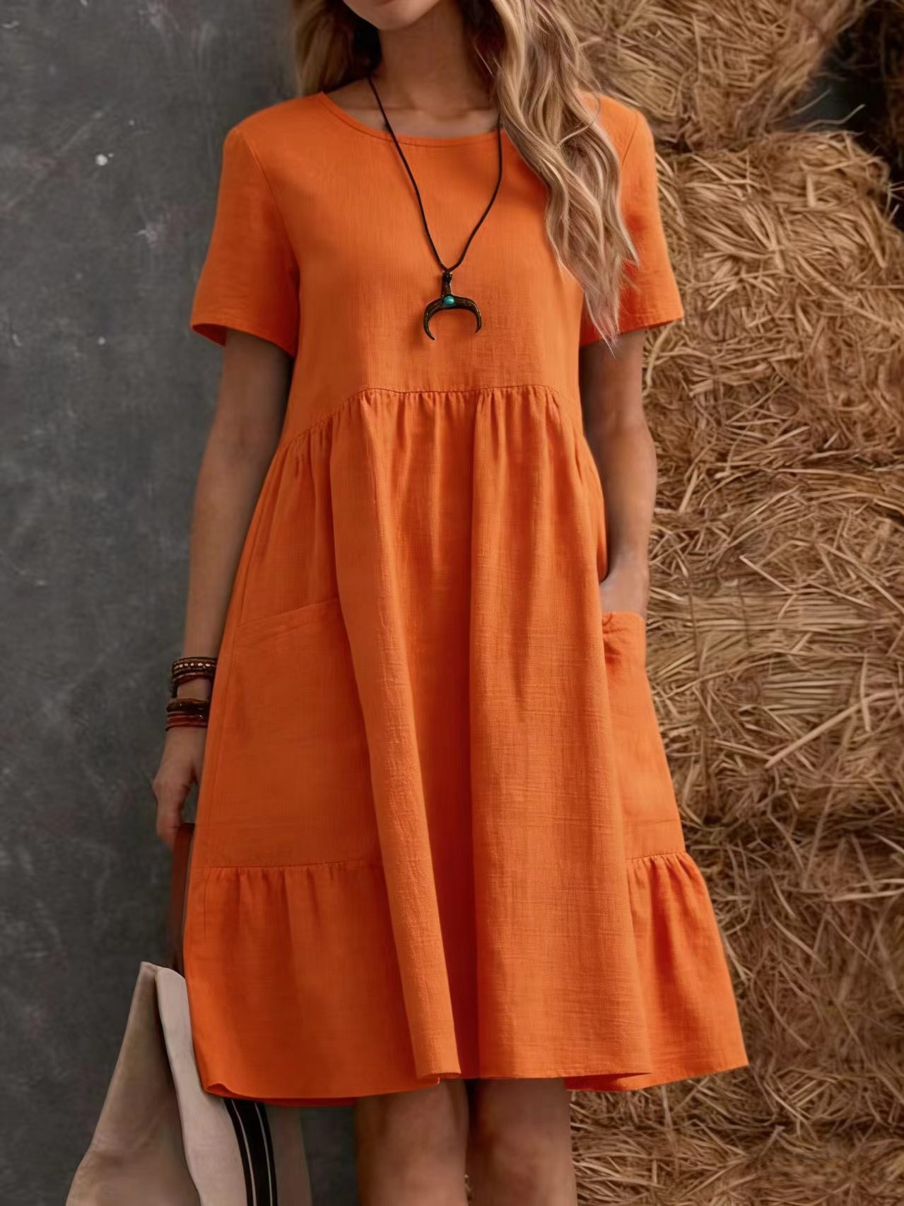 Remnant Women's Round-Neck Pocket Dress — Orange red