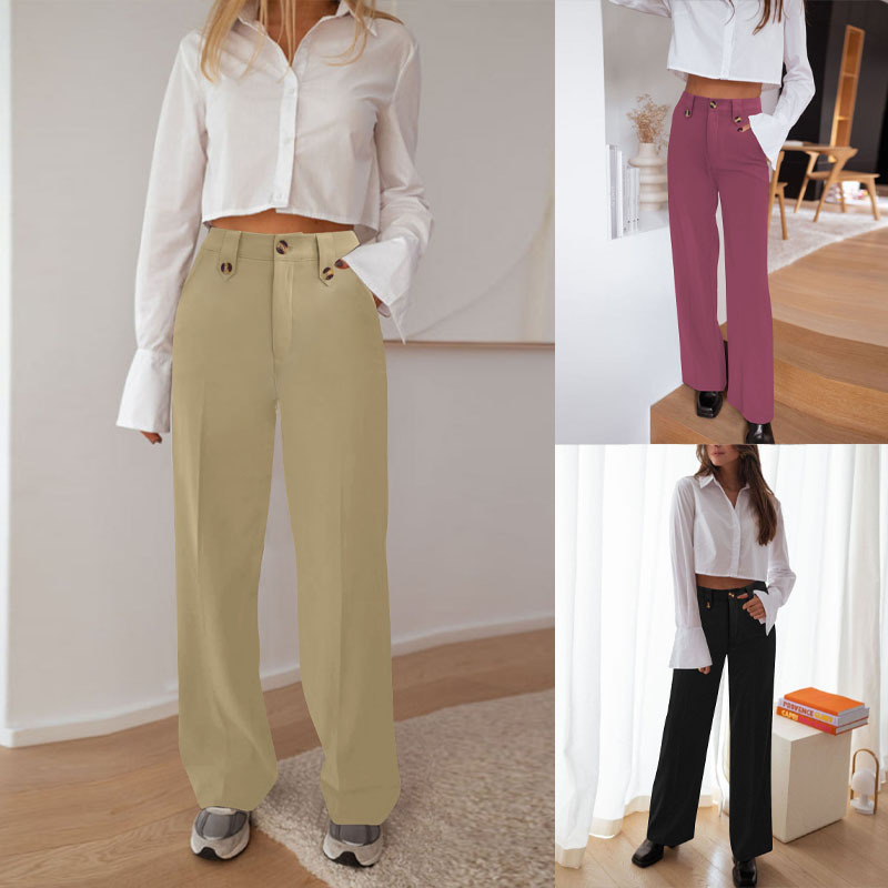 Women High Waist Wide Leg Pants Decorative