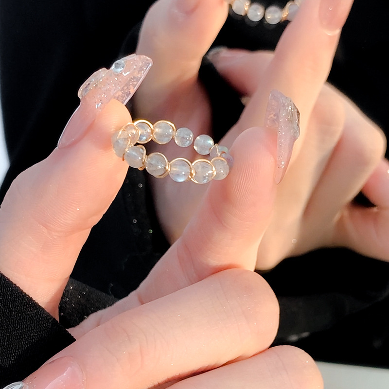 Natural Stone Beaded Open Ring Tourmaline Garnet Labradorite Women Adjustable Vintage Fashion Jewelry Elegant Gift
