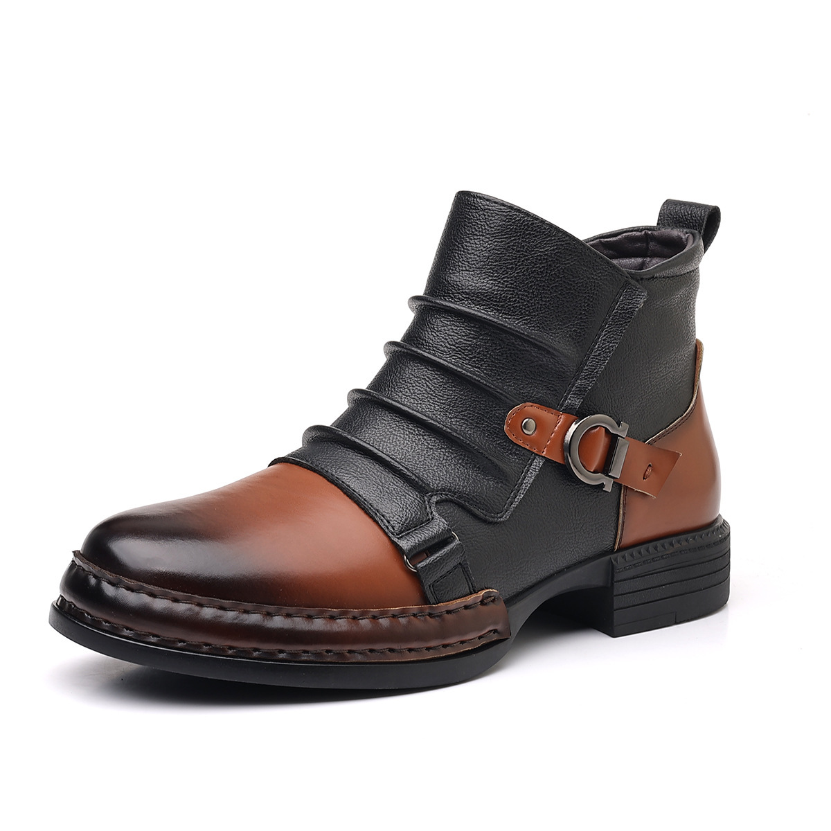 Cross-border Martin Boots British Style Fashion Motorcycle High-top Men's Ankle Boots Color-block Buckle Thick Sole Heightened Large Size Boots