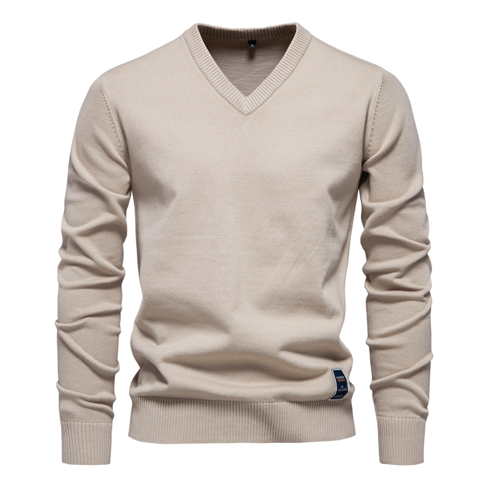 Autumn And Winter New Cotton Cross-border Trade Solid Color Sweater V-Neck Trendy Men's Sweater Men's Sweater
