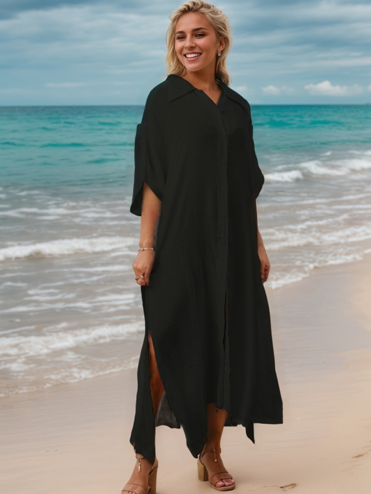 Long Shirt-style Beach Cover-up, Side Slit Lightweight Cover-up Women's Bikini Cover-Up Beachwear