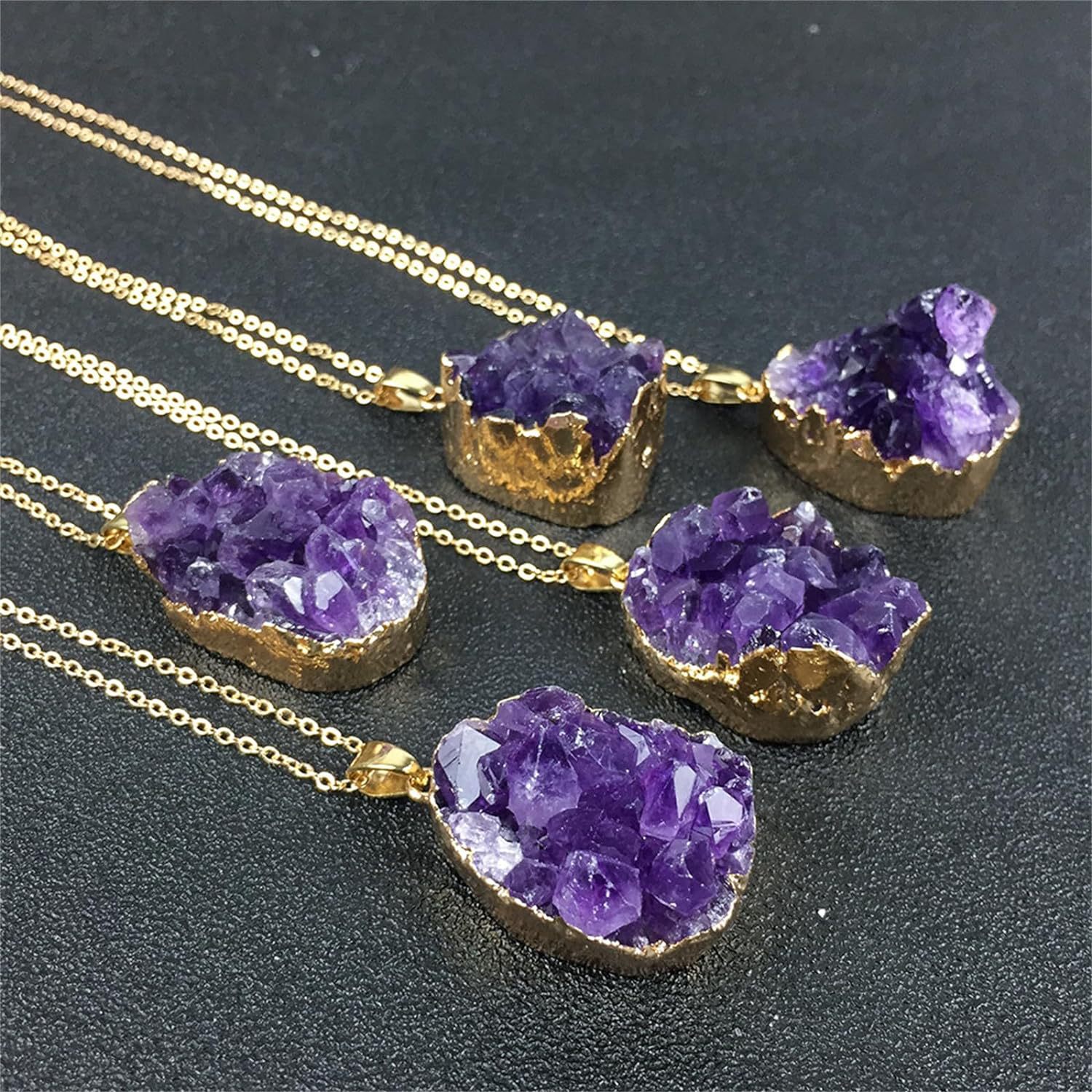 Natural Amethyst Raw Stone Pendant Amethyst Toethyst Cluster Necklace Raw Mineral Gold Border Mother's Day Gift