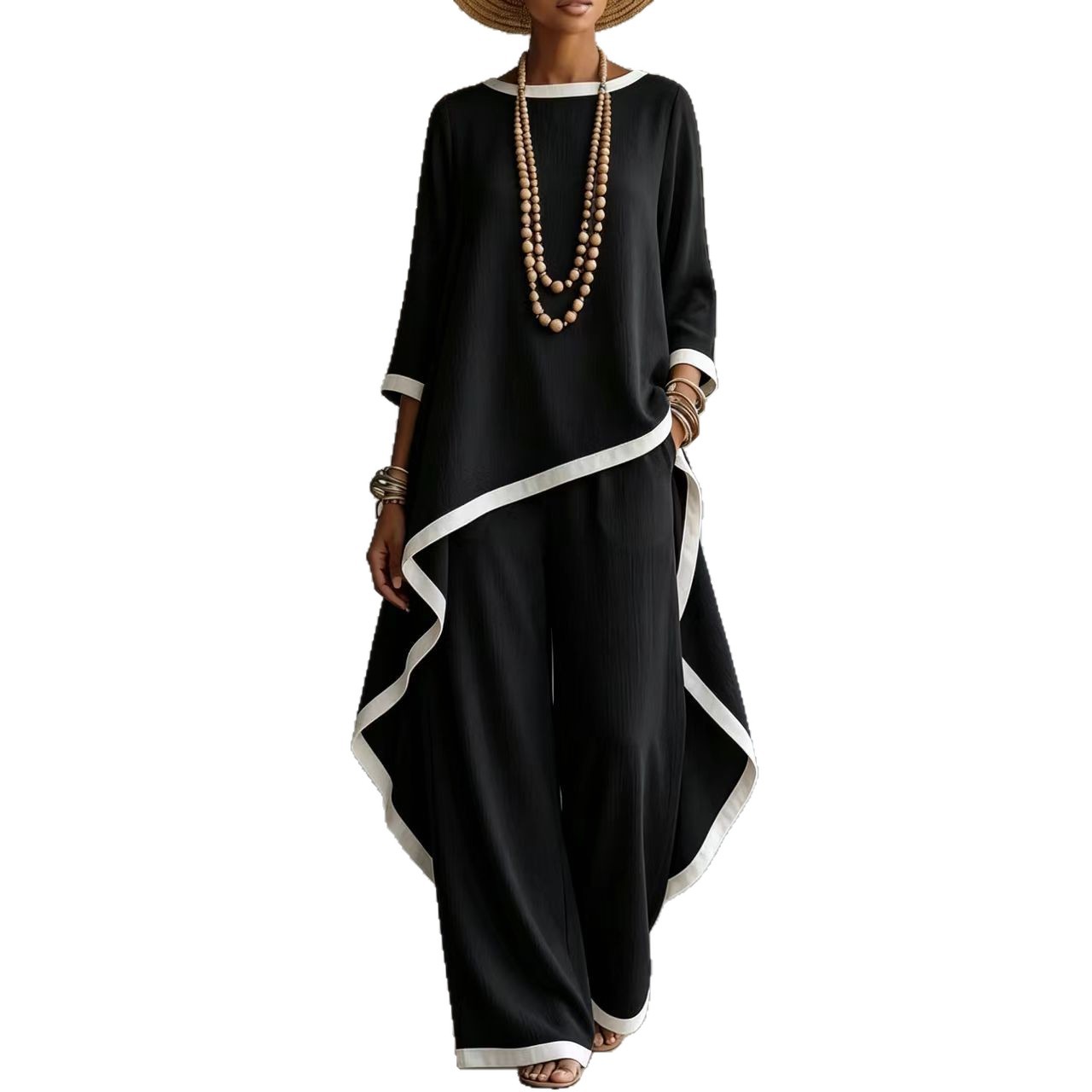European And American Cross-Border New Style Old Money Style Cotton And Linen Irregular Design Long-Sleeve Blouse And Wide-Leg Pants Two-Piece Women's Set