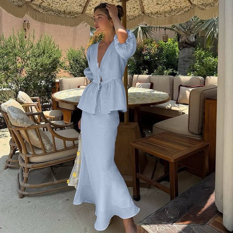 European And American Cross-Border Women's Clothing 2025 Summer New Fashion Puff Sleeve V-Neck Tie-Up Top High-Waisted Skirt Set 2