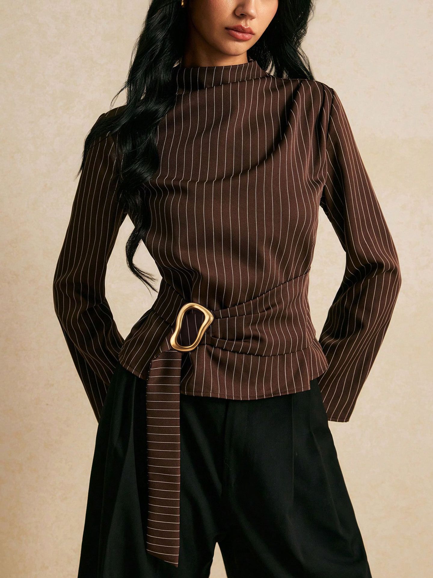 European And American Cross-border 2026 Autumn New Small High Neck Retro Striped Metal Decorative Lace-up Long Sleeve Horn Sleeve Top