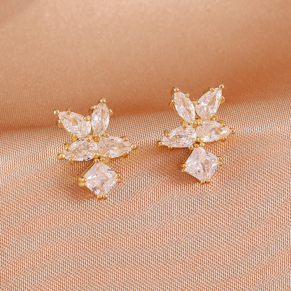 Women 4-Petal Marquise CZ Flower Stud Earrings, 3 Tone Gold Rhodium Rose Gold Plated Bridal Ear Jewelry