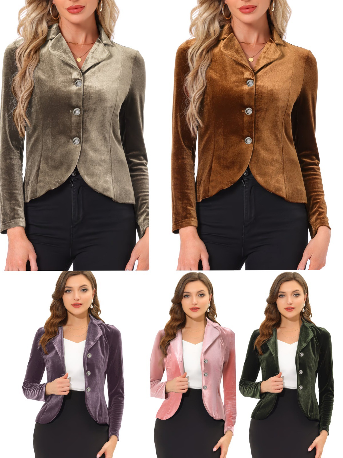 Women Velvet Lapel Blazer Jacket, Long Sleeve