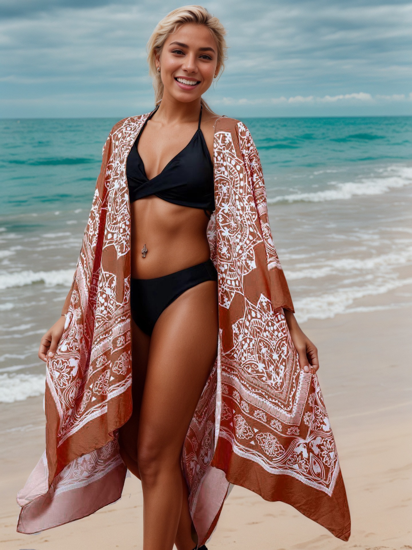Womens Print Beach Kimonos Duster Soft Light Weight Cover Up Loose Open Front Beach Summer Cardigans
