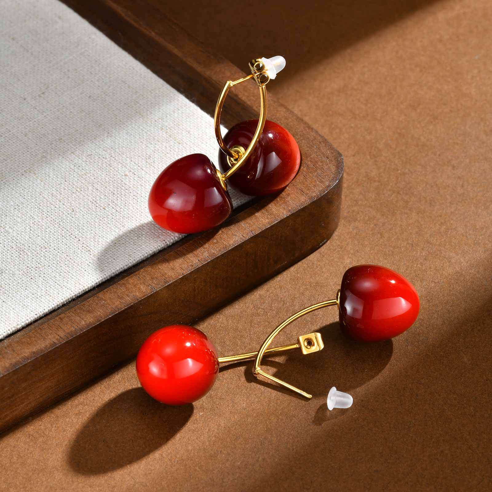 Women's Stainless Steel Red Cherry Earrings, Metal Ear Studs, Cherry Ear Pendants, Sweet Autumn And Winter Earrings