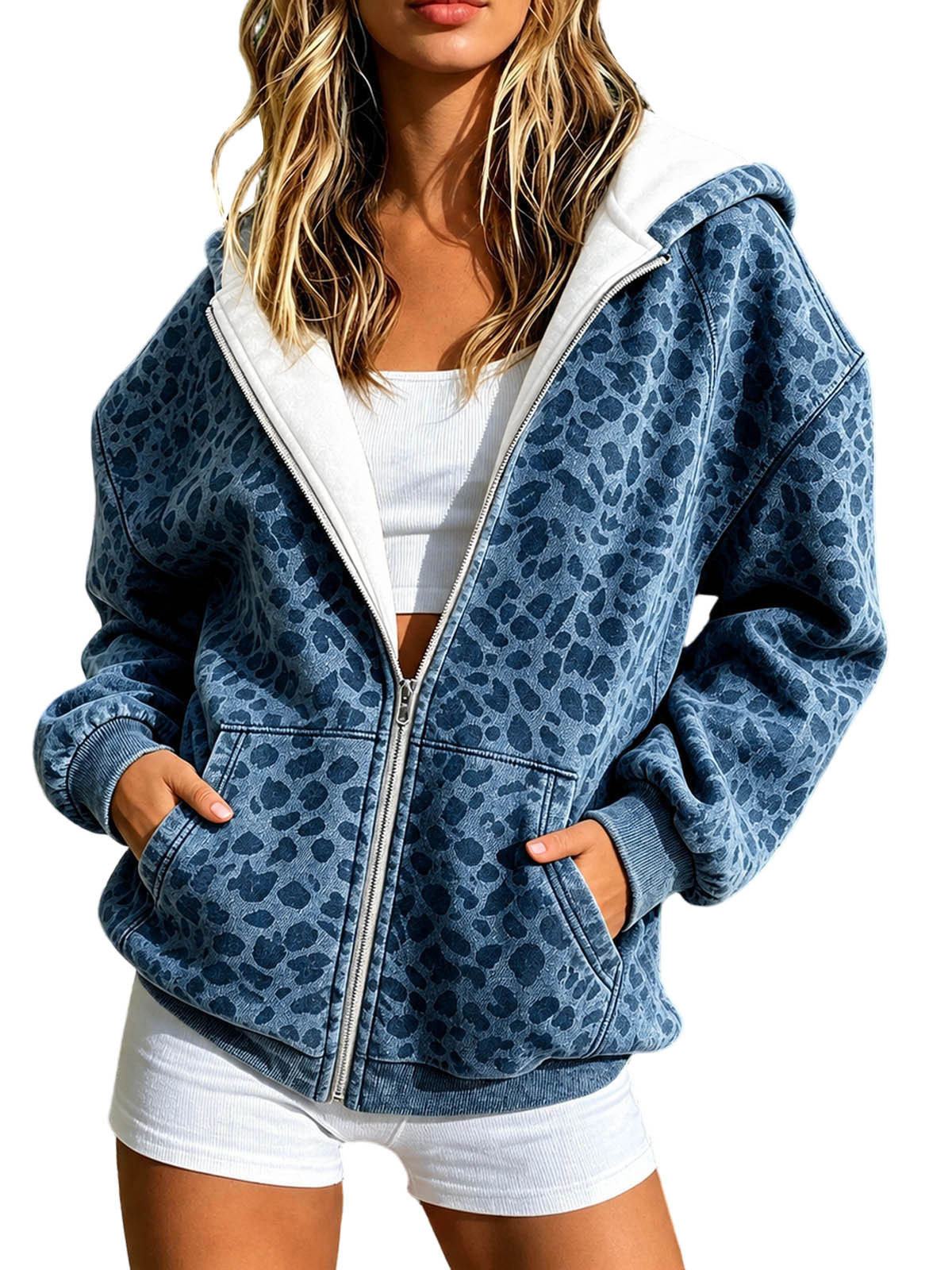 2026 Cross Border European And American Women's Fashion Leopard Print Hooded Zipper Sweatshirt Jacket Loose Casual Long Sleeve Cardigan Top