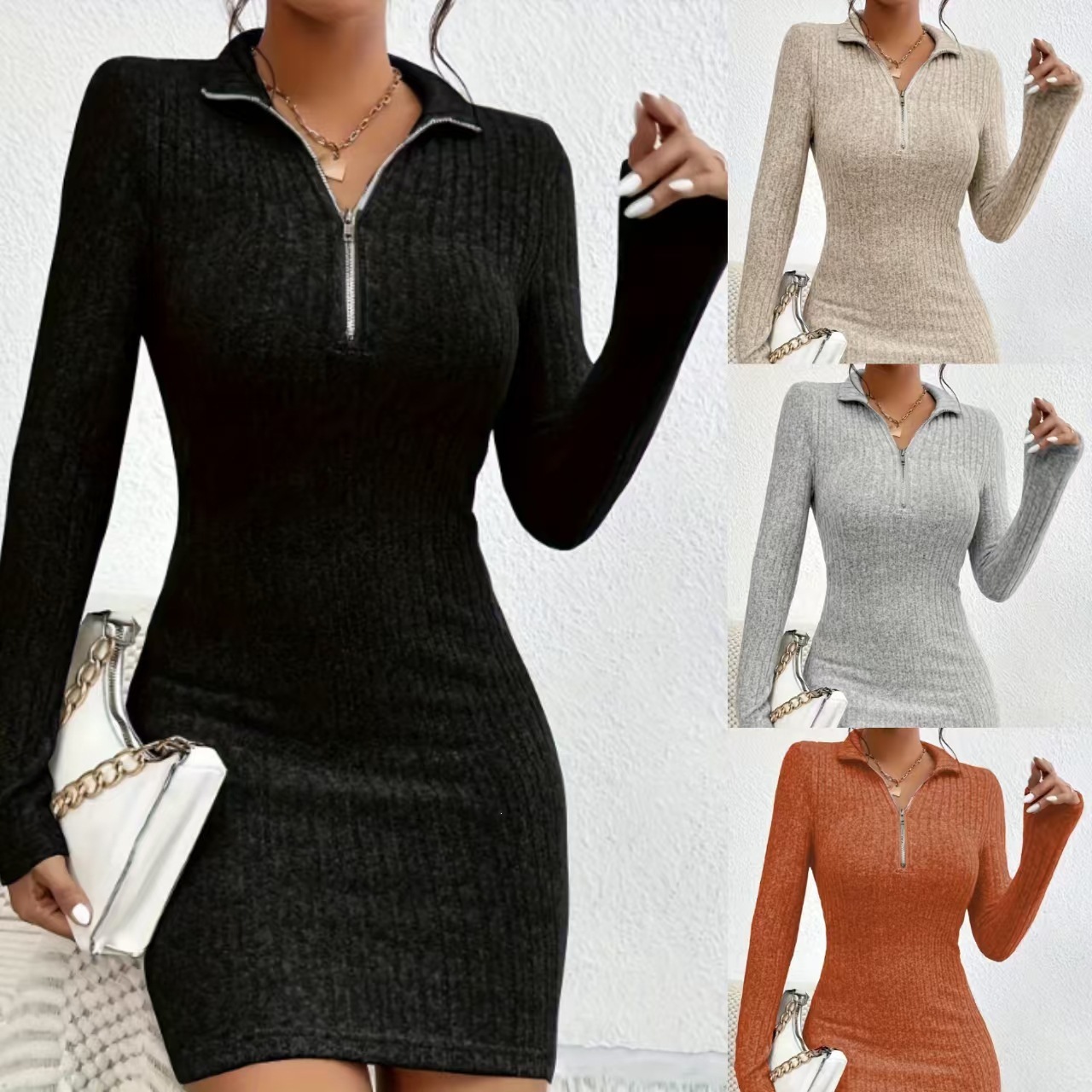 Autumn Winter Casual Solid Color Lapel Zip-Up Knit Dress With Cinched Waist, Long Sleeve Sexy Pencil Dress