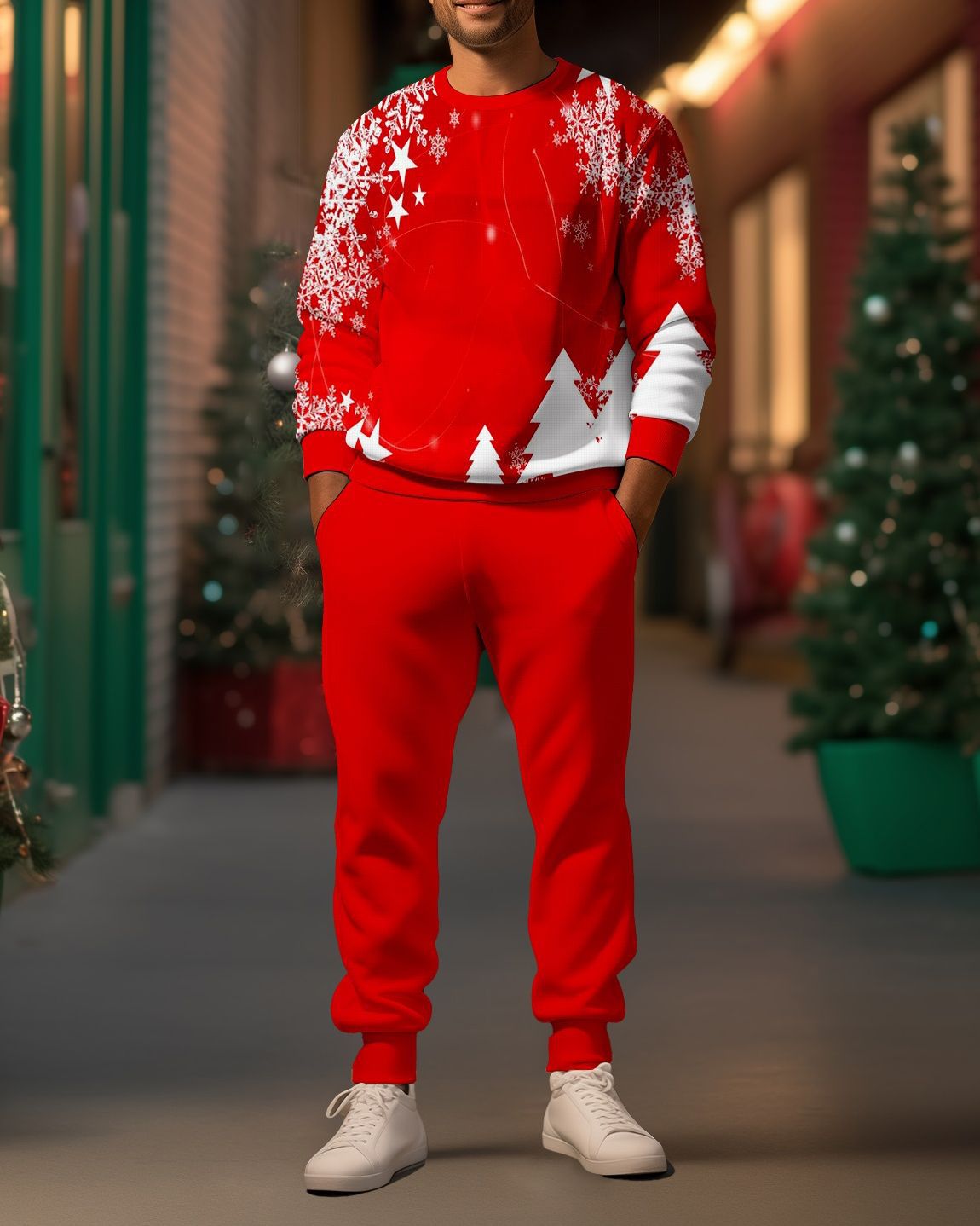 2026 New Autumn Cross-border Men's Crew Neck Long Sleeve Top And Pants Set With Christmas Festival Prints