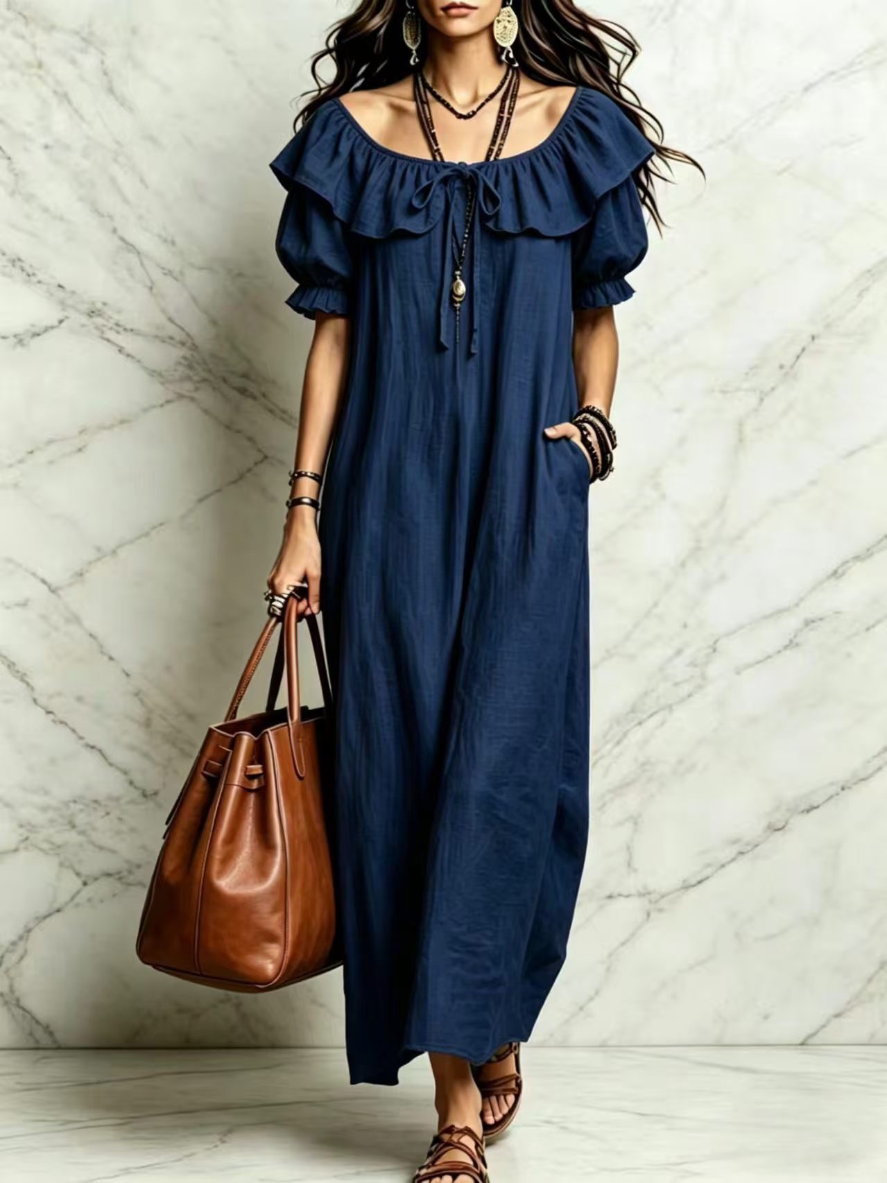 Women Ruffle Neck Maxi Dress, Short Sleeve Loose Casual Beach Vacation Long Dress With Pockets