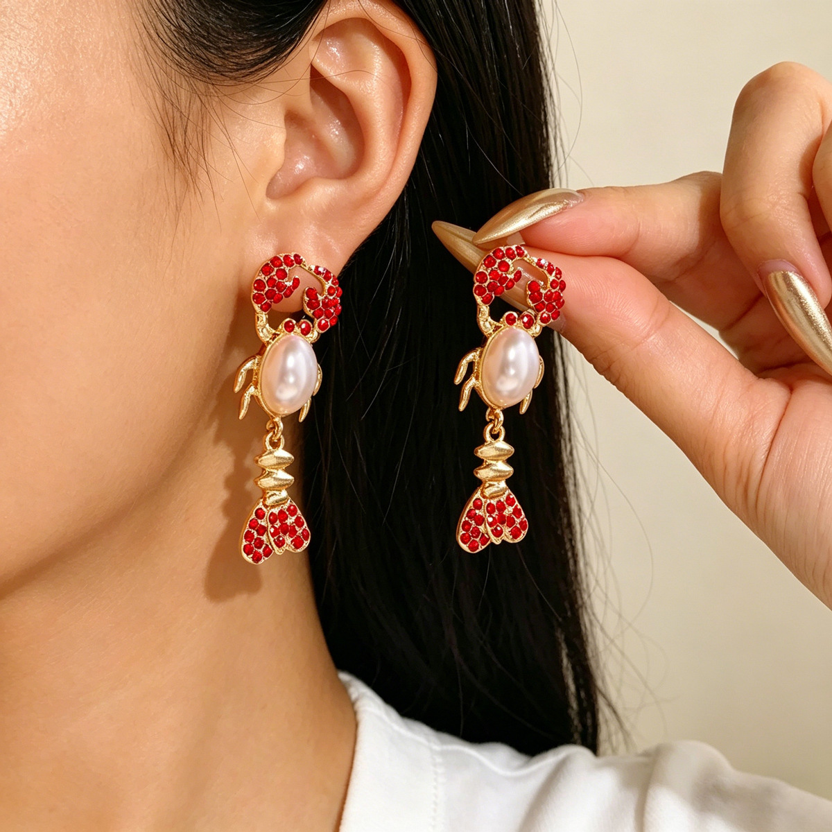 Cross-Border European And American Style Earrings, Personalized Lobster Geometric Shape With Pearl Inlay Design, Versatile And High-End Earrings