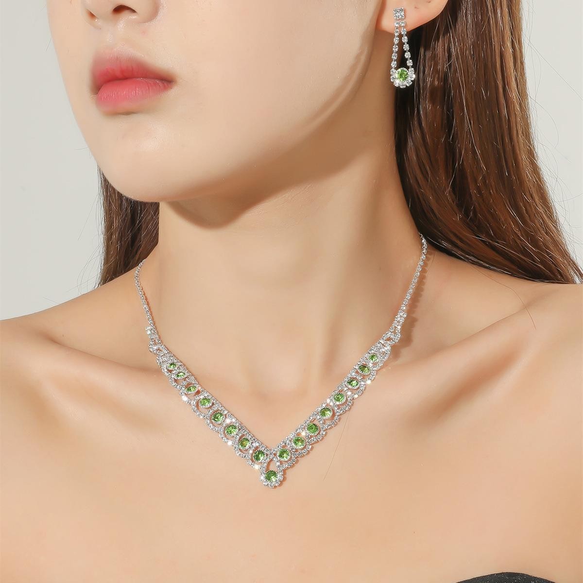 Amazon's Hottest Necklace And Earrings Set European And American Rhinestone Bridal Jewelry Chain Set With Diamond Banquet Set Chain Two-Piece Set