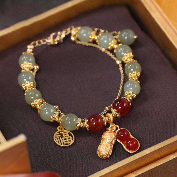 Good Things Come In Pairs Peanut Shaped Imitation Hetian Jade Bracelet With Beads Double Layered, Light Luxury, Versatile, Sweet And Fresh Style, Women Jewelry product image