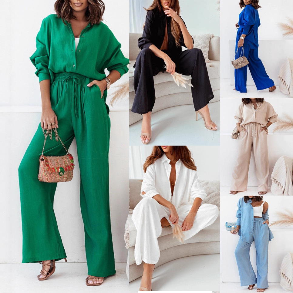 European And American Export Autumn And Winter Ins Cross-Border New Loose Elastic Wrinkled Long-Sleeved Shirt Wide-Leg Pants Casual Suit For Women