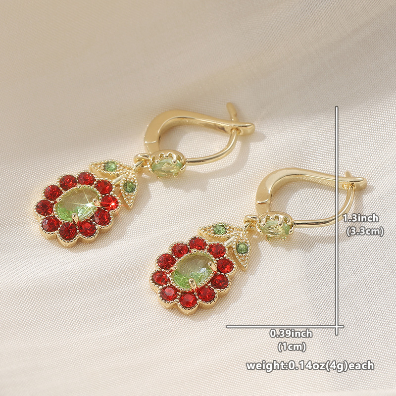 Vintage Green Red Crystal Drop Earrings Gold Tone Brass Women Floral Party Fashion Jewelry Elegant