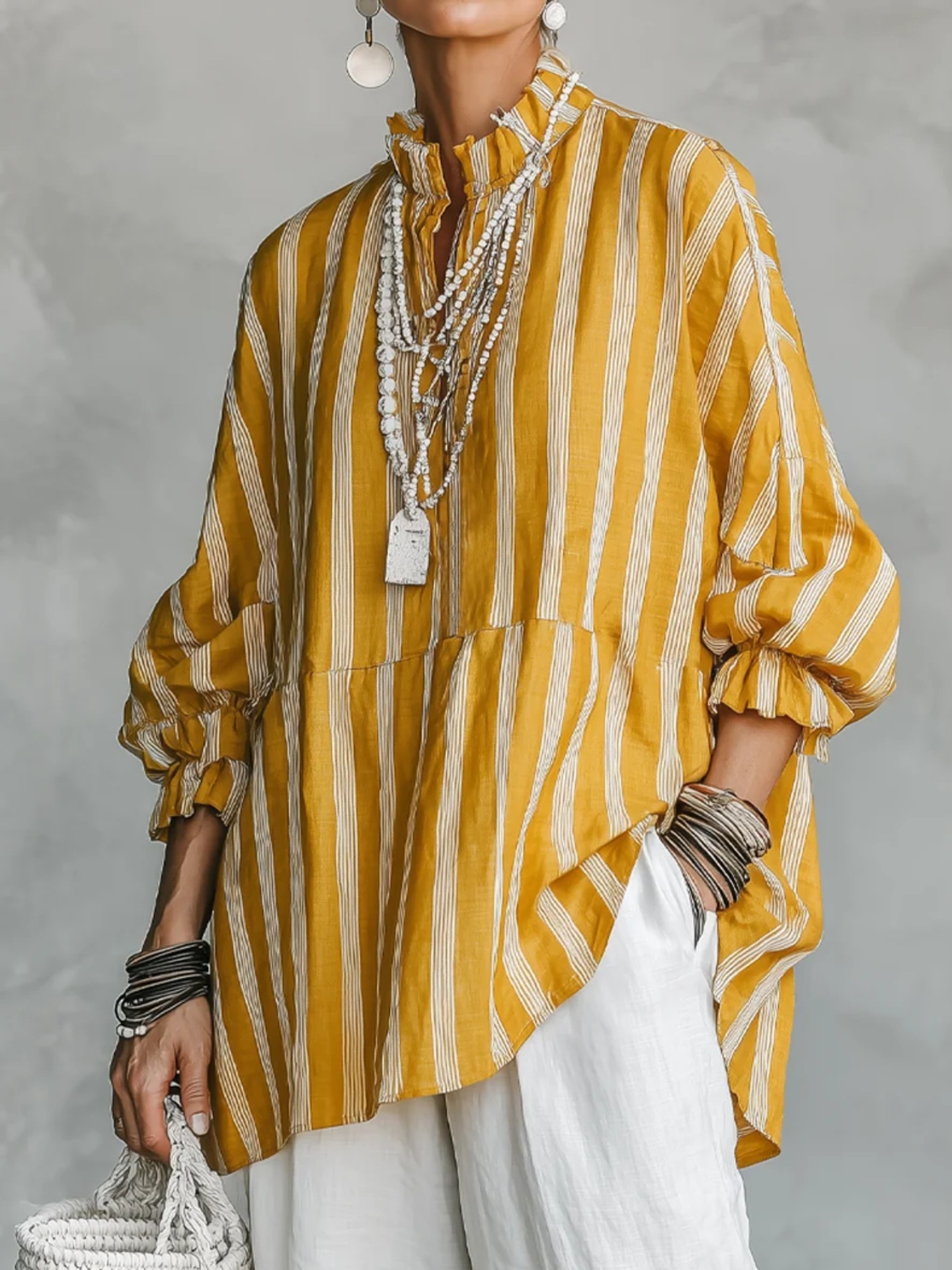 2026 New European and American Women's Casual Retro Stand Up Collar Loose Vertical Stripe Shirt Top