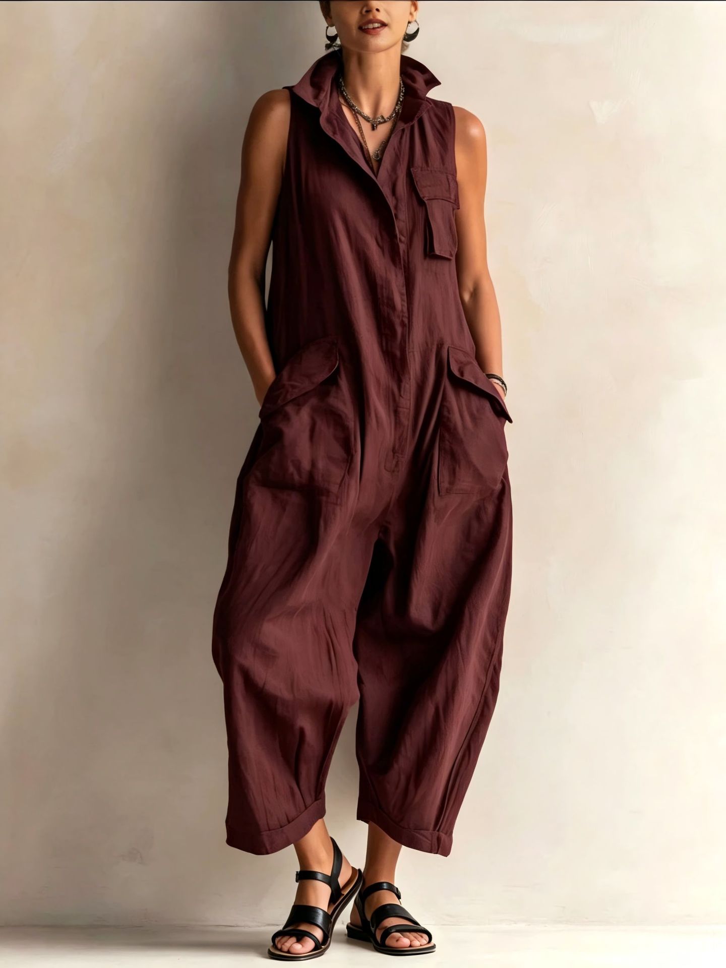 Women's burgundy wide-leg cotton jumpsuit – rich color option