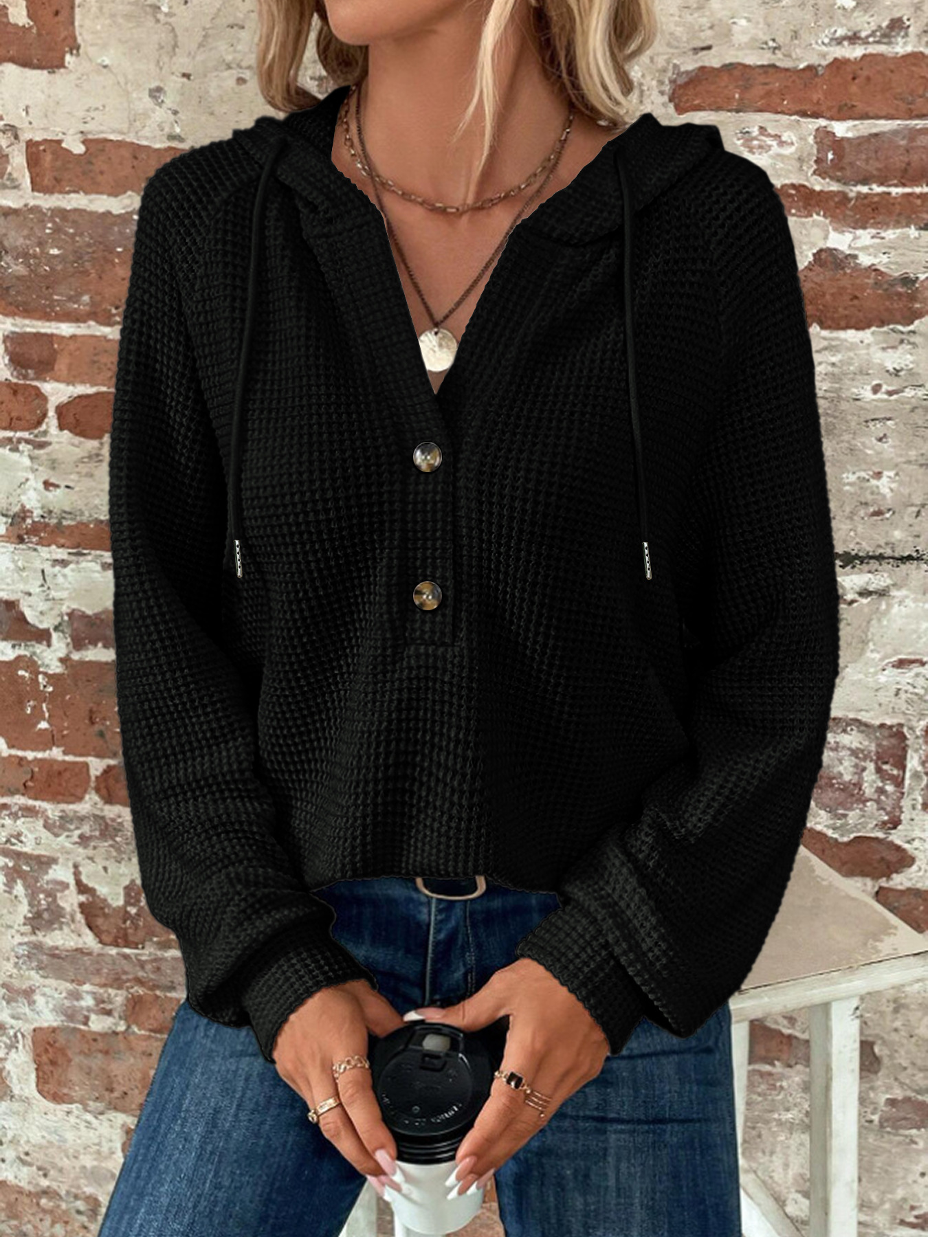 European And American Style New Fall And Winter Solid Color Hooded Button Loose Long-sleeve Sweatshirt For Women — image 9 of 9