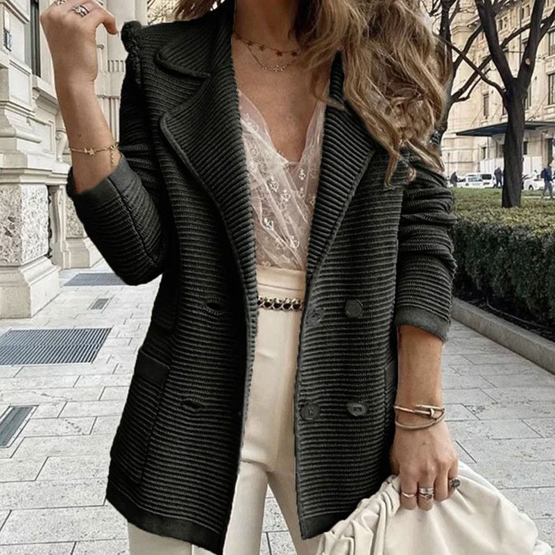 Women Lapel Double Breasted Knit Blazer Jacket,Long Sleeve Textured Striped Casual Coat With Pockets,Fall Winter Solid Outerwear