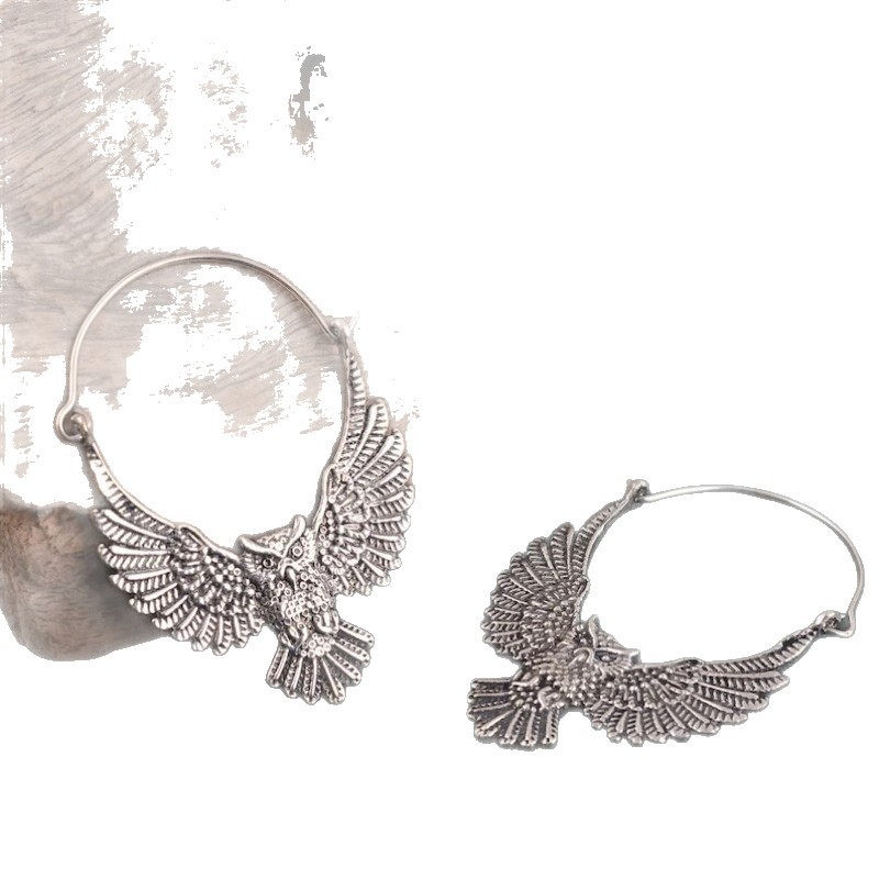 Vintage Flying Eagle Hoop Earrings Silver Tone Brass Women Boho Festival Statement Fashion Jewelry Artistic