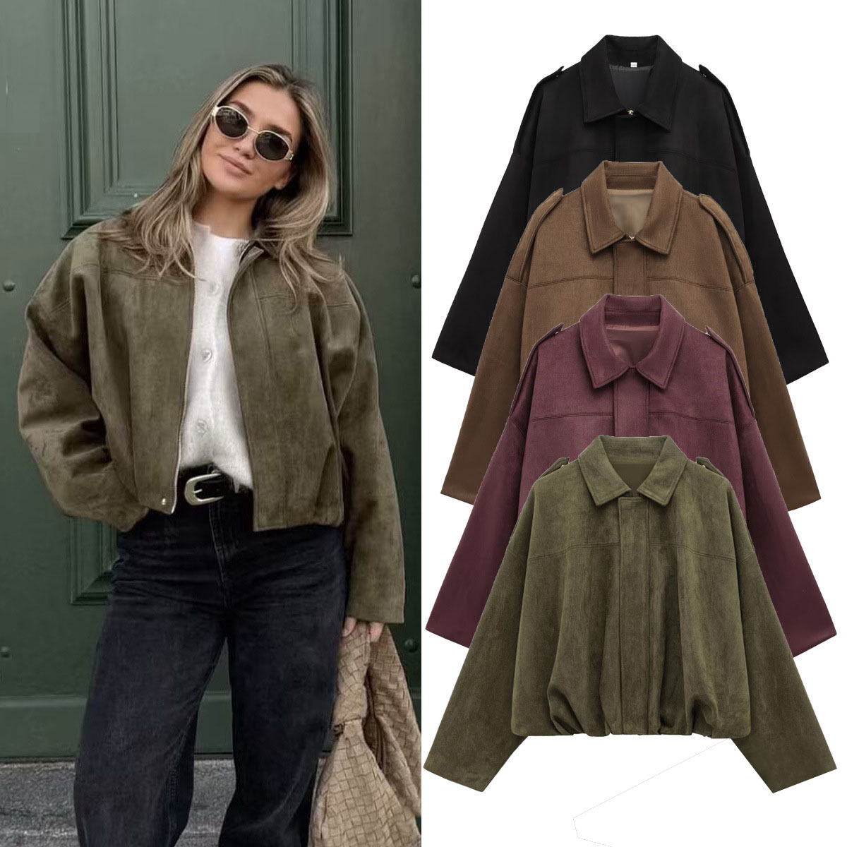 2025 Autumn And Winter European And American Bomber Jacket Bat Sleeve Zipper Loose Suede Texture Tops Women's Casual Tops Women