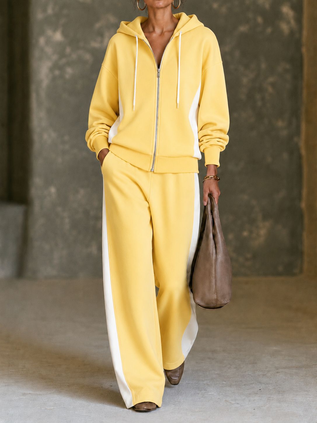 Women 2 Piece Tracksuit, Color Block Zip Up Hoodie & Wide Leg Pants Set, Casual Sweatshirt Jogger Outfit For Fall Winter