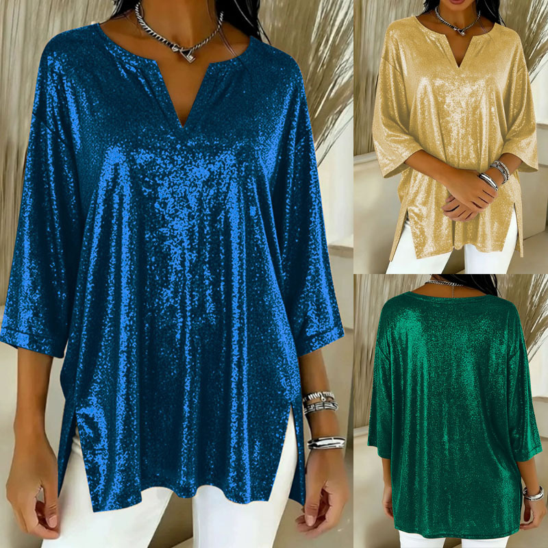 Women Sparkly Glitter Blouse Notched V Neck