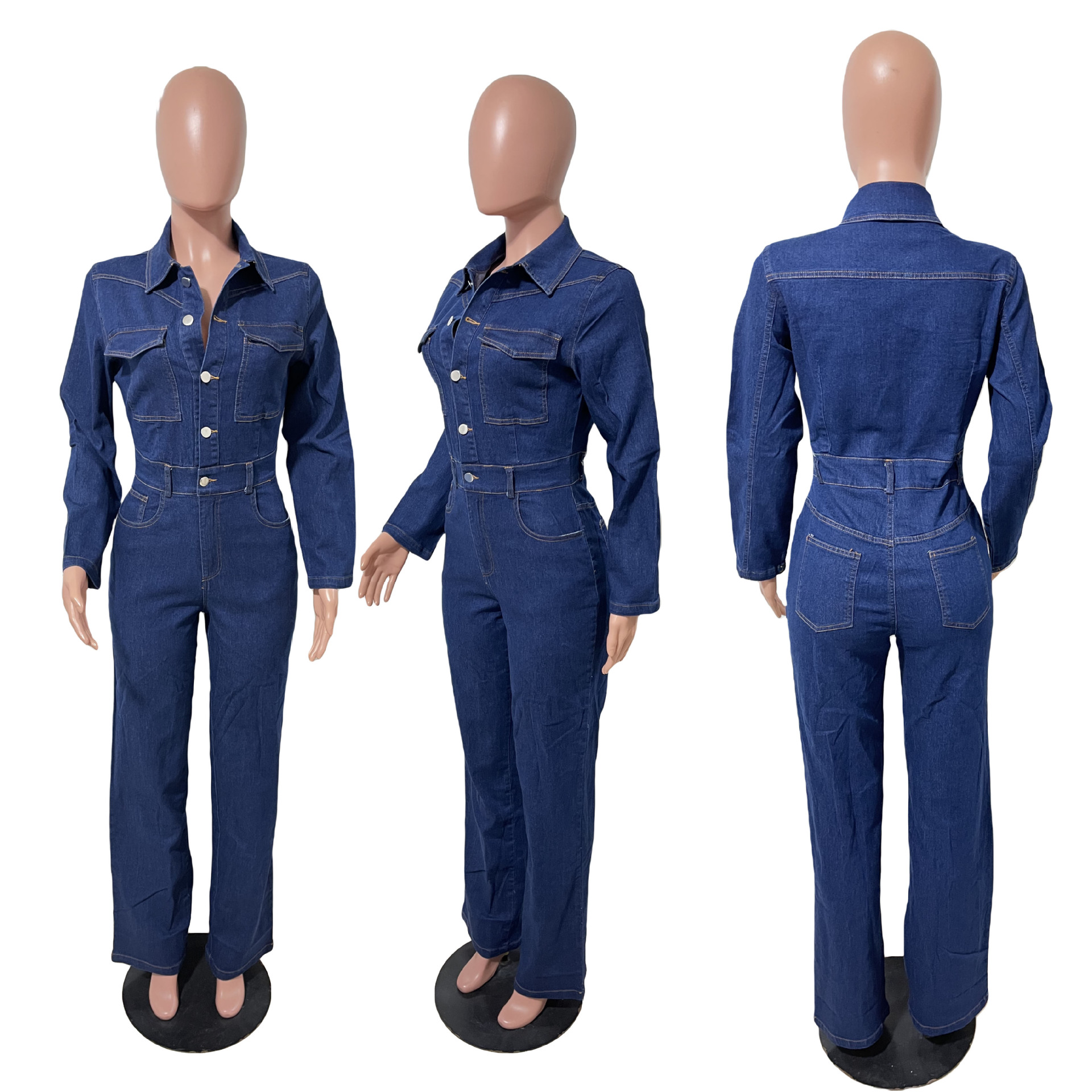 3587 Trade European And American Cross-Border Amazon Slim Stretch Flared Washed Long-Sleeve Denim Jumpsuit