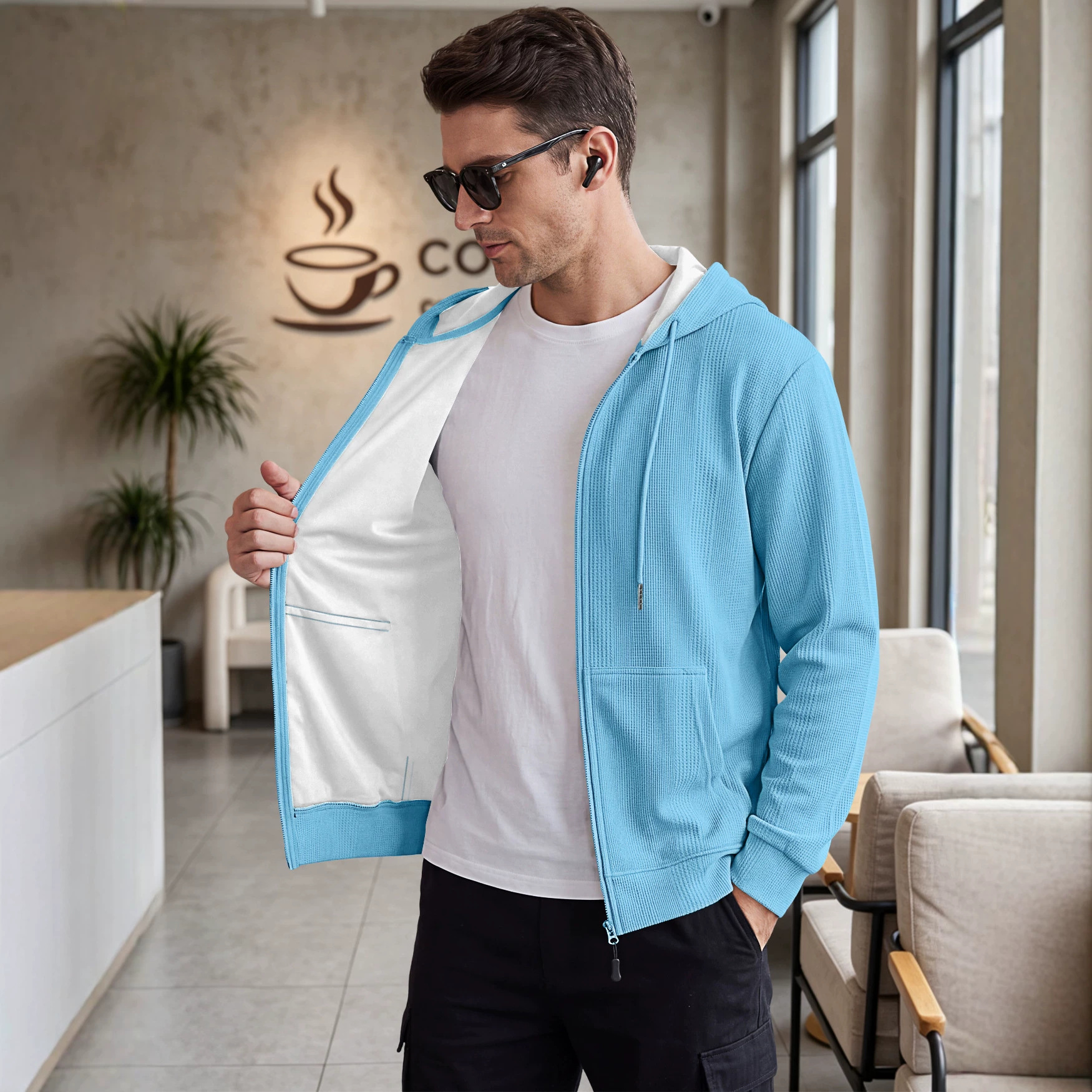 Men's American-style Jacquard Waffle Knit Hooded Pocket