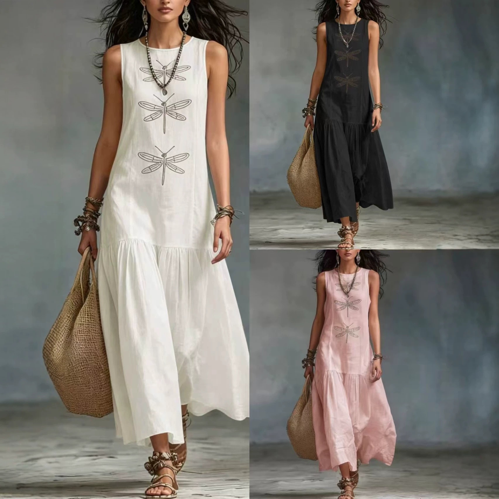 Vintage Washed Linen-Look Sleeveless Tank Maxi Dress, Solid Dragonfly Embroidery… — image 1