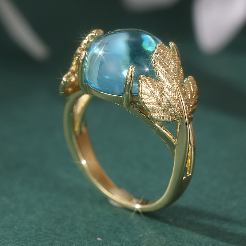 Bague feuille de pierre bleue irisée en laiton doré pour femme déclaration botanique vintage bijoux de mode de fête