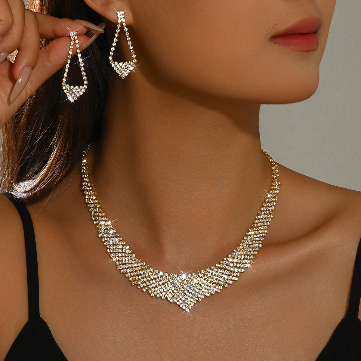 Womens Glamorous Bridal Rhinestone Set, Gold Tone