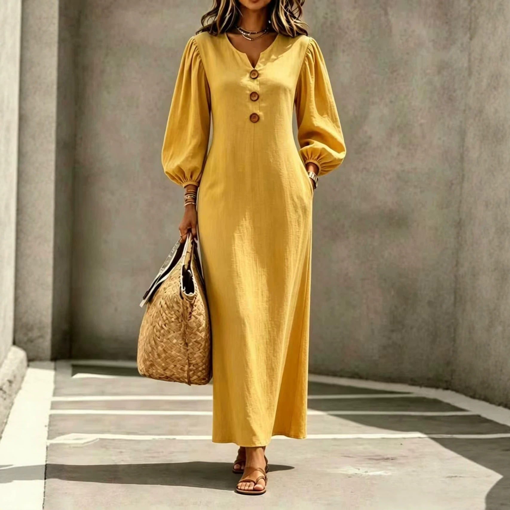 Women's European And American Style V-Neck Button Puff Sleeve Loose Casual Long Dress, Flattering And Belly-Covering, Perfect For Vacation