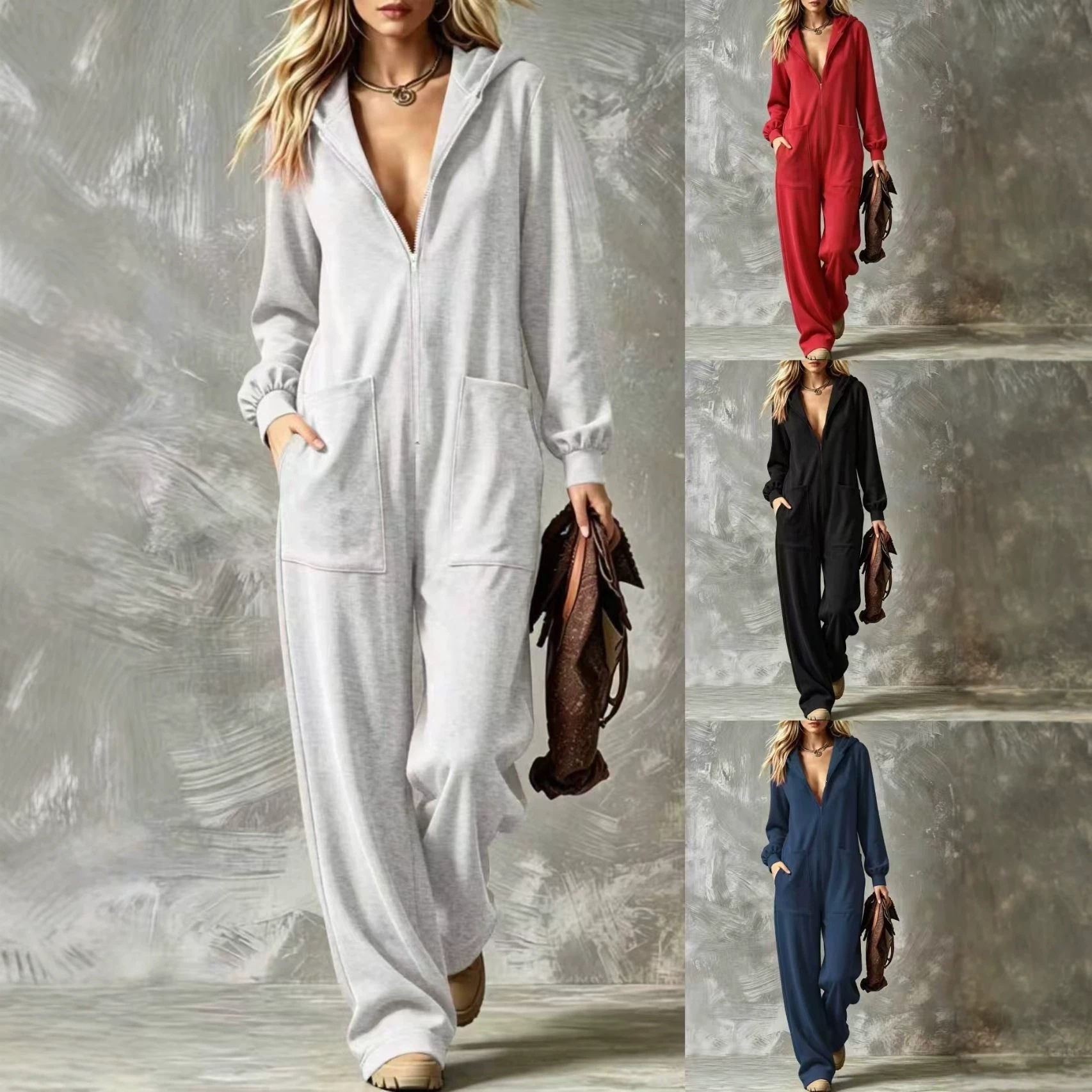 Cozy Loungewear Jumpsuit For Fall Winter Casual Chic, Relaxed Fit, Solid Color, Hooded, Full-Zip, Straight-Leg With Pockets